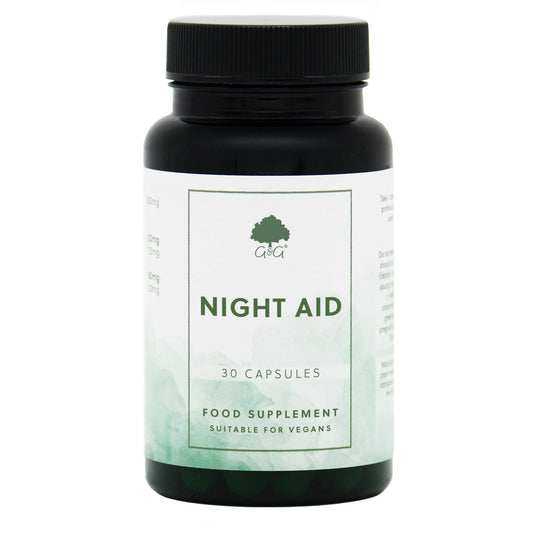 Night Aid - Plant Based Botanical Supplement - Includes L-Tryptophan, Magnesium & Vitamin B6-30 Vegan Capsules - Non-GMO, Made in the UK - G&G Vitamins