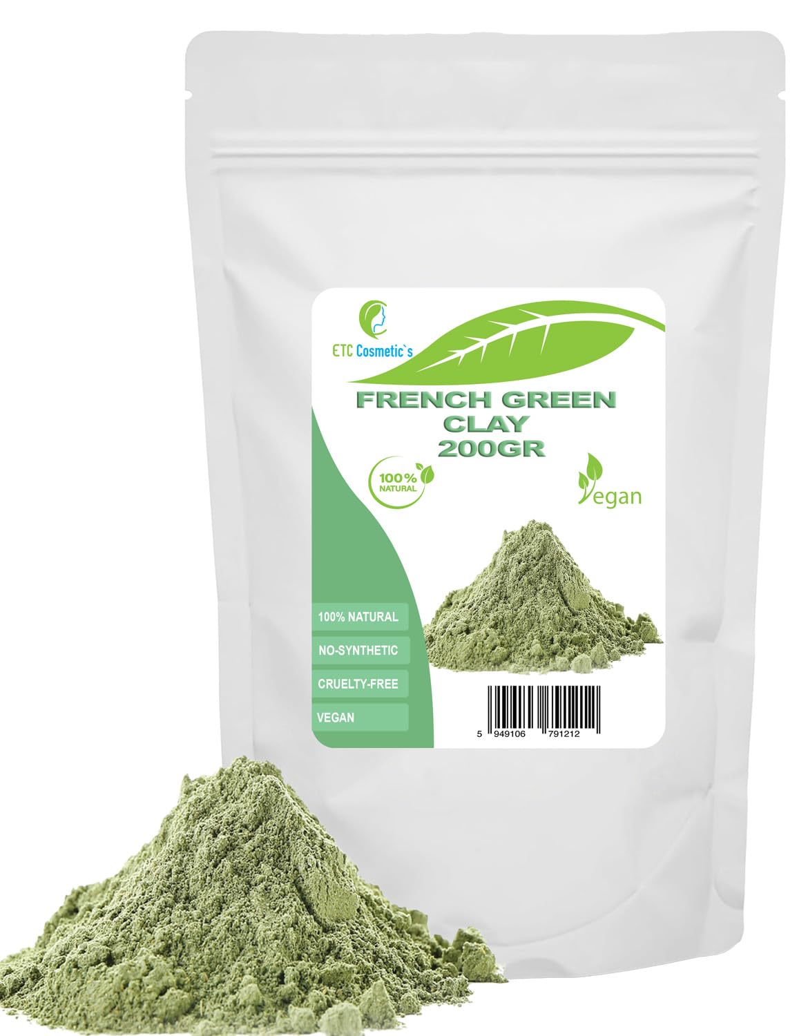 ETC Cosmetic`s French green clay - 200 gr - DIY Face Masks, Body Mask, Hair Mask, Soft Peels and Scrubs, Soap Making, Anti-Ageing & Skin firming, Natural And Chemical Free