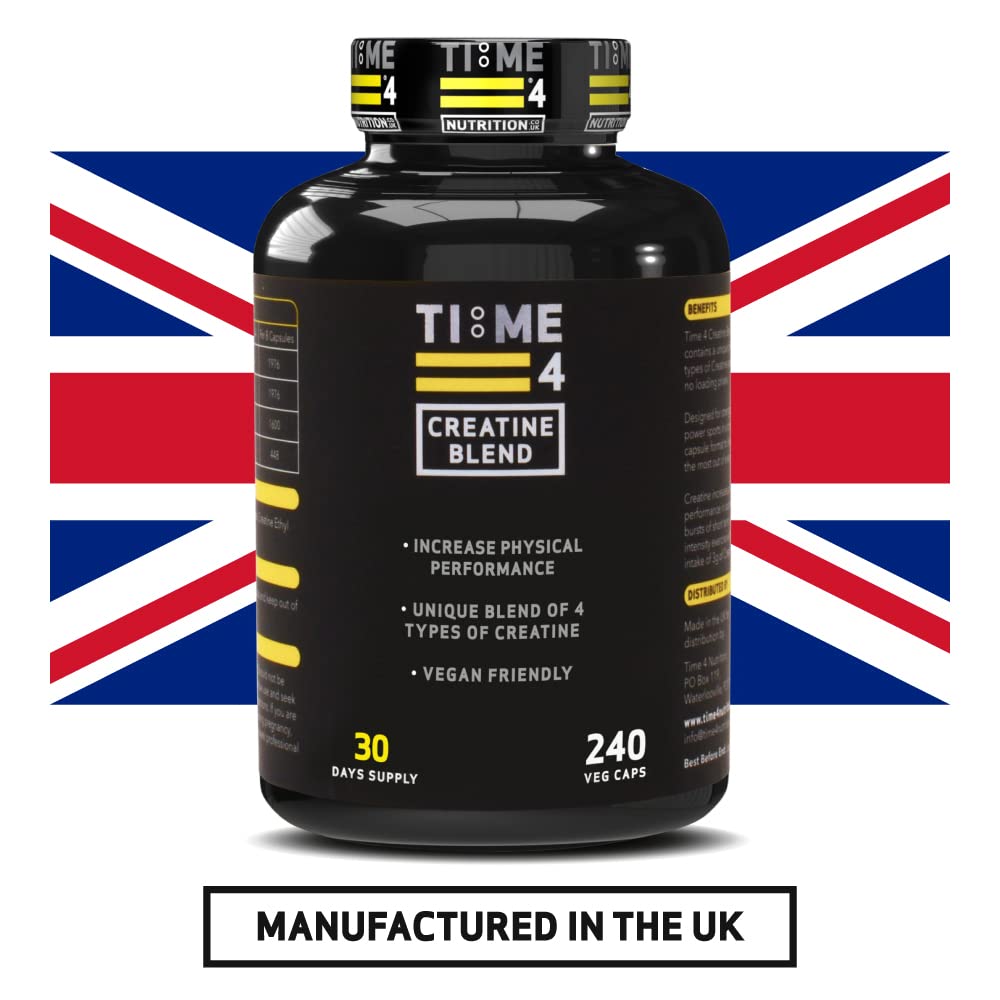 Time 4 Nutrition Time 4 Creatine Blend - 240 Creatine Capsules Not Creatine Tablets, 30 Day Supply, Unique Blend of 4 Types of Creatine, 6000mg Per Daily Serving Improve Muscle Strength Vegan Friendly & Gluten Free