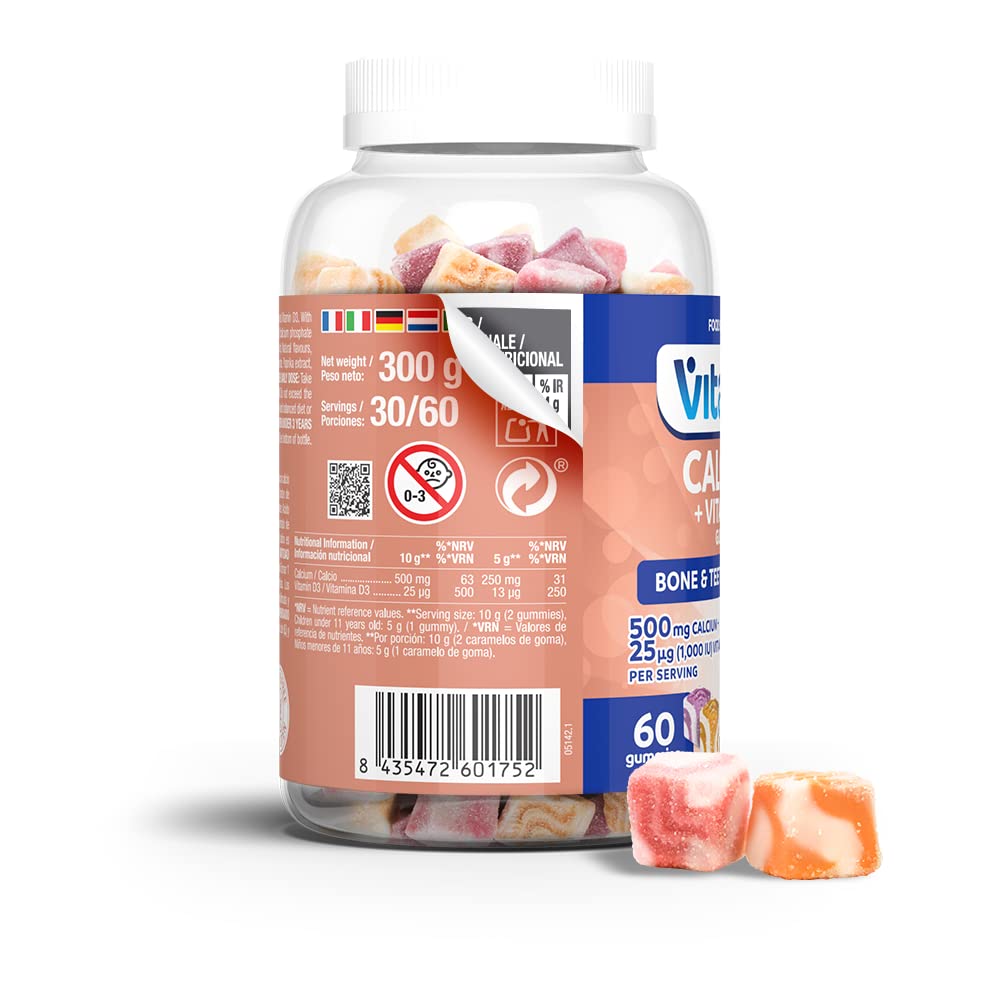 VITALDIN Calcium + Vitamin D3 Gummies – 500 mg Calcium & 1.000 IU Vitamin D per Serving – 60 Chewable Gummies (1-Month Supply); Fruit Flavour – Bone & Teeth Support – Gluten Free – for Kids & Adults