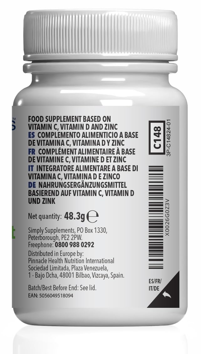 Simply Supplements Vitamin C, D and Zinc Capsules for Immunity Support | One-a-Day Formula | 120 Fast Release Capsules = 4 Months’ Supply | Vegan Friendly | Manufactured in The UK
