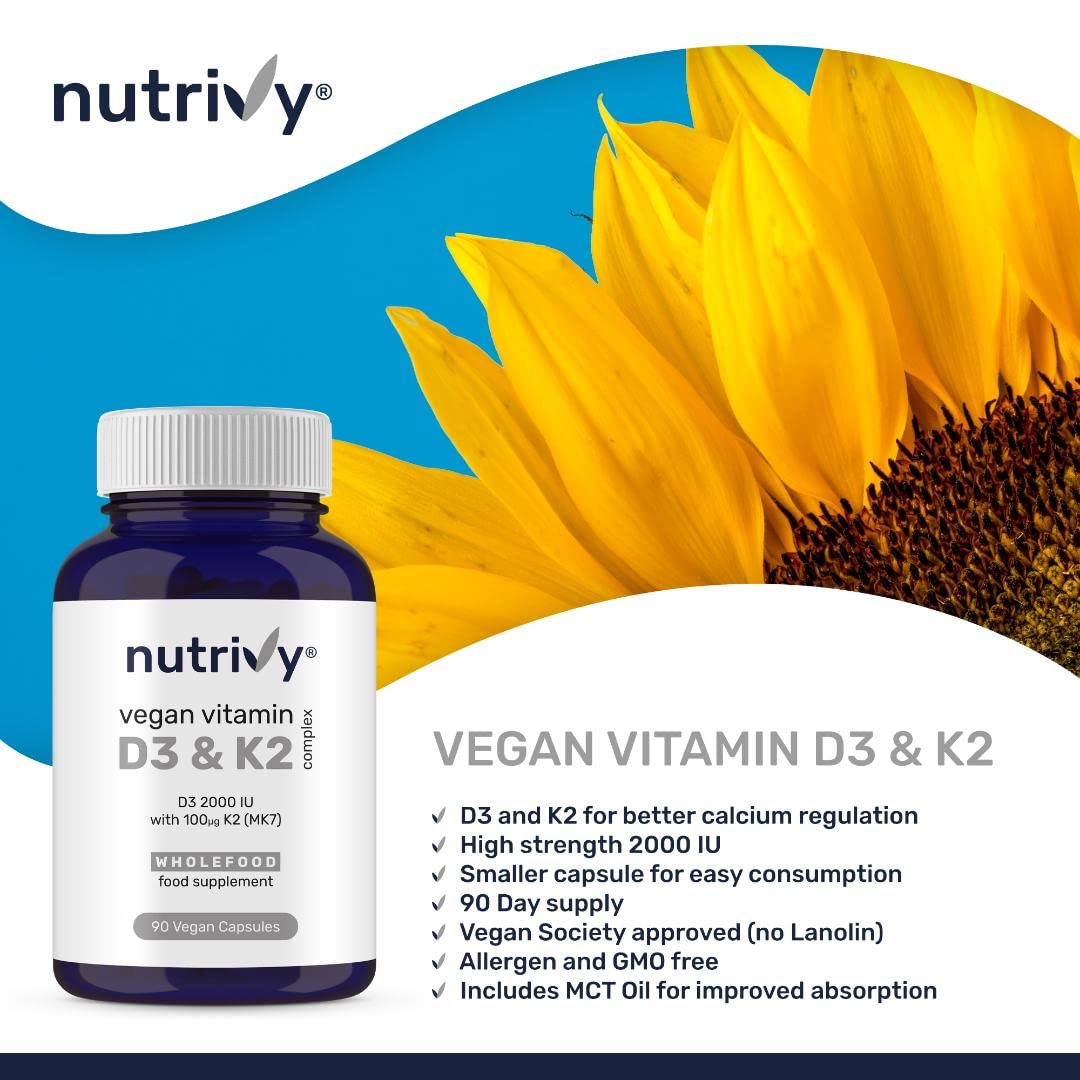 Vegan Vitamin D3 K2 Capsules, 2000 IU, High Strength Vitamin D with 100mcg Vitamin K2 MK7 & MCT Oil, Highly Absorbed, Easy to Swallow, One a Day, Cholecalciferol, 90 Vegan Capsule, Made in UK