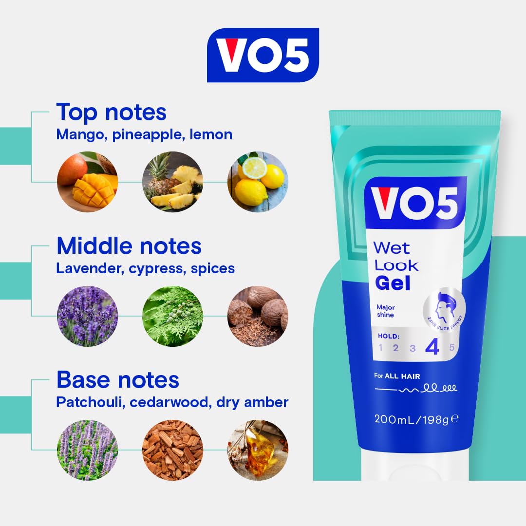 VO5 Wet Look Styling Gel, High Shine Hair Styling Product, Long-Lasting Maximum Hold, Quick-Drying, Non-Sticky, for Slick Back & Wet Looks, 200ml