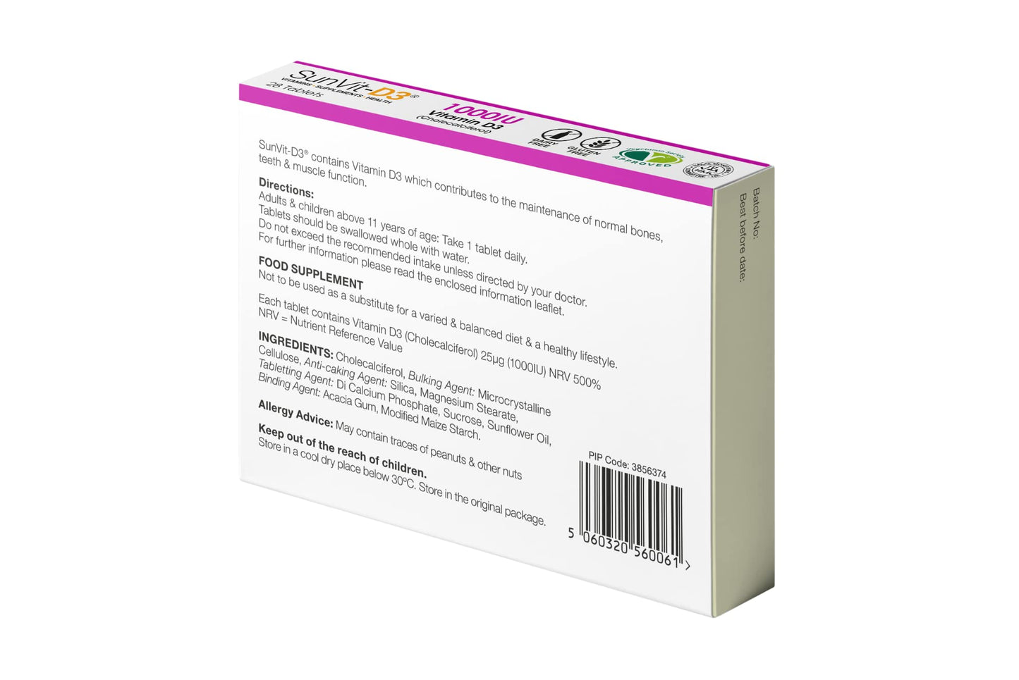 SunVit-D3 Vitamin D3 1000 iu - High Strength Vitamin D Tablets Support the Maintenance of Bone, Teeth, Muscle & Immune System | Made in UK & GMP Approved | Dairy & Gluten free - D3 Vitamins 28 Tablets