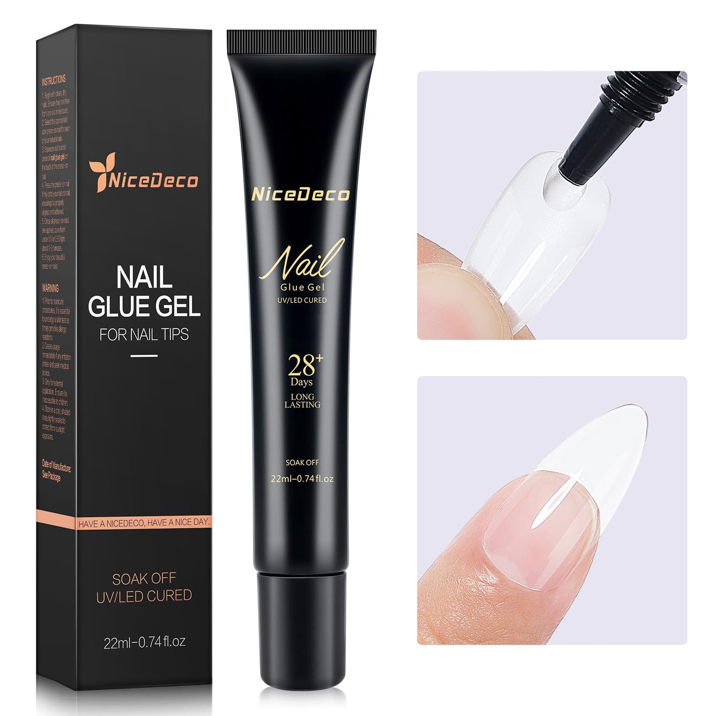 Nicedeco Nail Glue Gel 22ml, Gel Nail Tips Glue, Clear, High Viscosity, Multi-functional, Strong Adhesion, Easy to Use, Long-lasting, Upgraded Formula