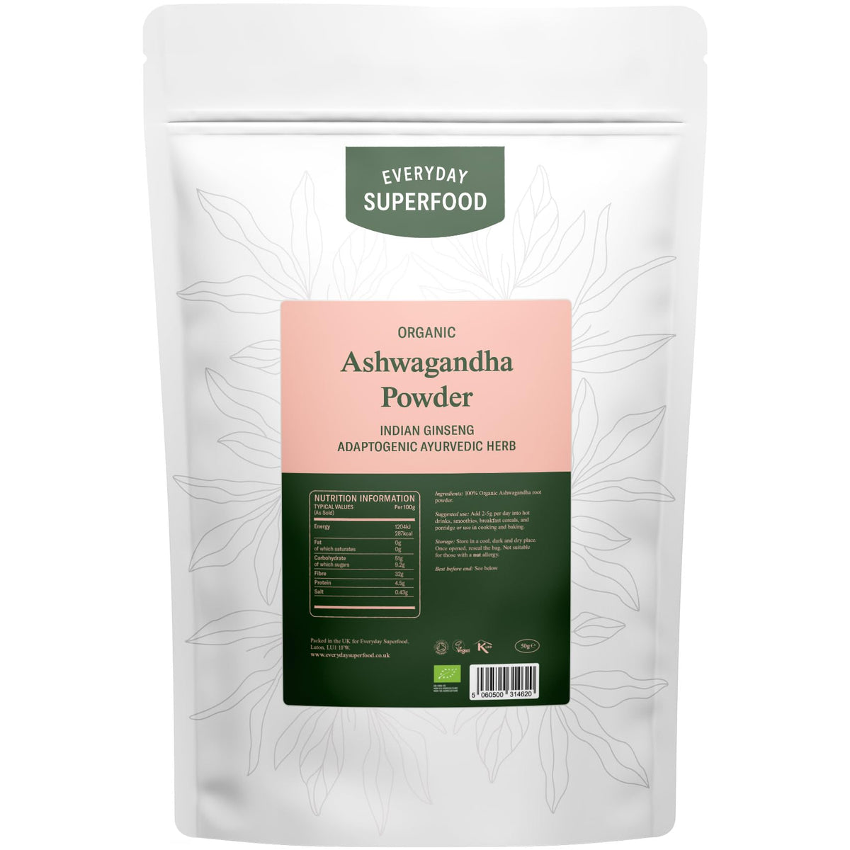 Everyday Superfood Organic Ashwagandha Powder 50g, Premium Ideal for Ashwagandha Tea and Coffee