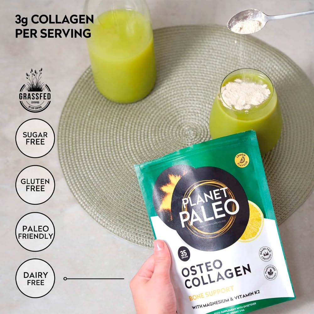 Planet Paleo Osteo Collagen Powder for Bone Health (175g, 35 Servings) Grass-Fed Bovine Collagen Peptides, with Zinc & Vitamin K2, Bone Density & Joint Health, Lemon