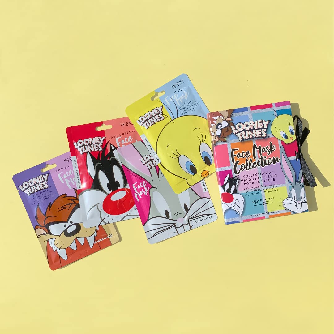 MAD Beauty MAD BEAUTY Looney Tunes Sheet Face Masks Set (Pack of 4) | Bugs Bunny, Sylvester, Tweety, and Taz | Passionfruit, Coconut, Honey, and Strawberry to Soothe and Rejuvenate Tired Skin