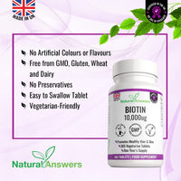 Natural Answers 365 Biotin Hair Growth Tablets (1 Years Supply) - Vegetarian 10,000UG Vitamin B7 Supplements for Men and Women, Healthy Hair, Skin & Nails Support - UK Manufactured