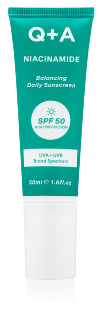 Q+A Niacinamide Daily Sunscreen SPF 50: Ultra-Light, Non-Greasy, Broad-Spectrum UVA/UVB Protection, Oil Control, Pore Refining, Hydrating, 90% Natural Ingredients, Vegan, Cruelty-Free, 50ml