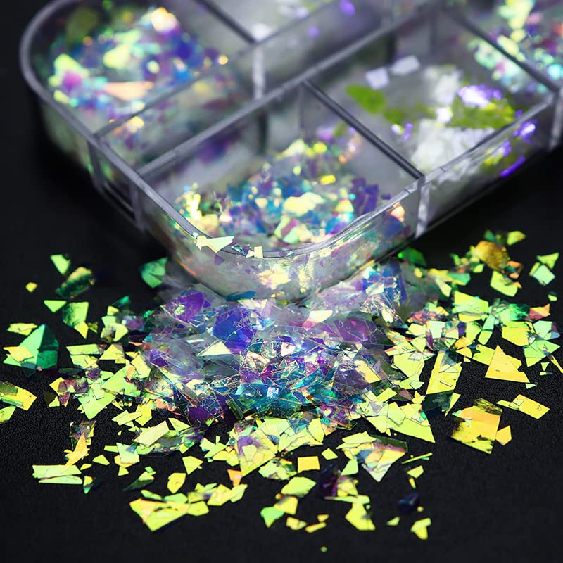 jmeowio Holographic Mermaid Nail Art Glitter Flakes JMEOWIO 12 Grids Holographic Nail Foil Gradient Bright Iridescent Ice Slag Nail Sequins Paillettes Summer Nail Art Decoration for Women Girls