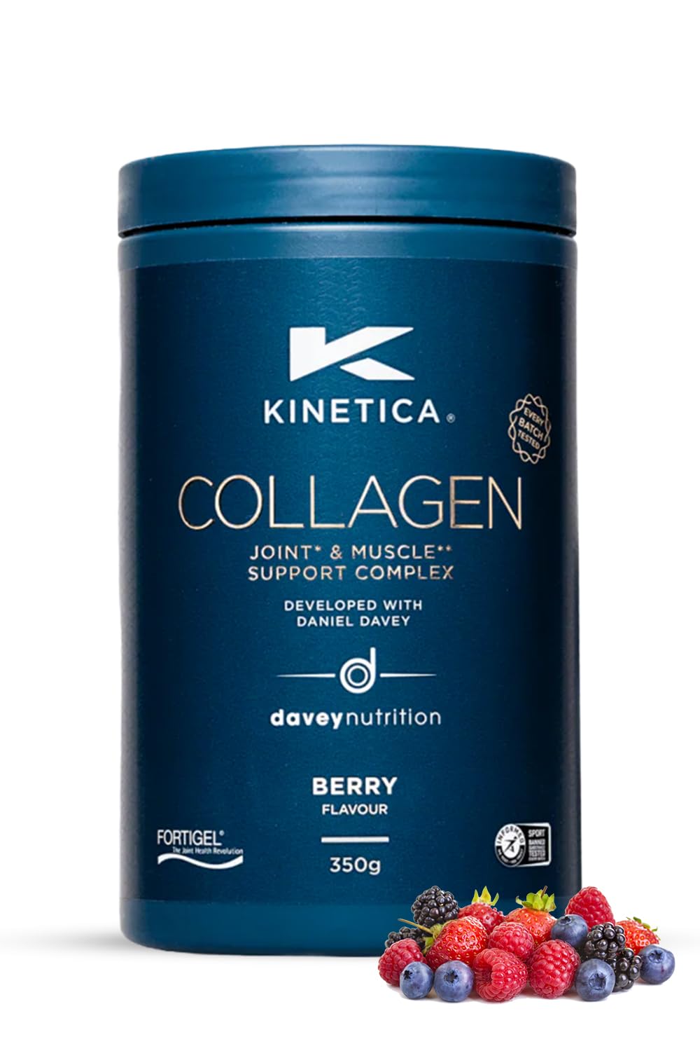 Kinetica Sports Collagen Powder - Berry Flavour | 350g | 5g FORTIGEL Bovine Collagen/Serve, 320mg Vitamin C, 5μg Vitamin D, 100mg Hyaluronic Acid & 500mg Glucosamine Sulphate | Joint & Muscle Support
