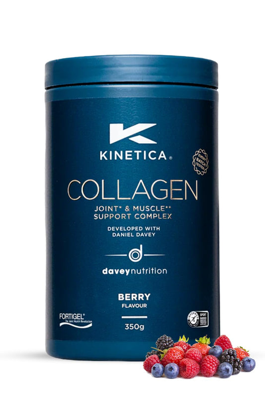 Kinetica Sports Collagen Powder - Berry Flavour | 350g | 5g FORTIGEL Bovine Collagen/Serve, 320mg Vitamin C, 5μg Vitamin D, 100mg Hyaluronic Acid & 500mg Glucosamine Sulphate | Joint & Muscle Support
