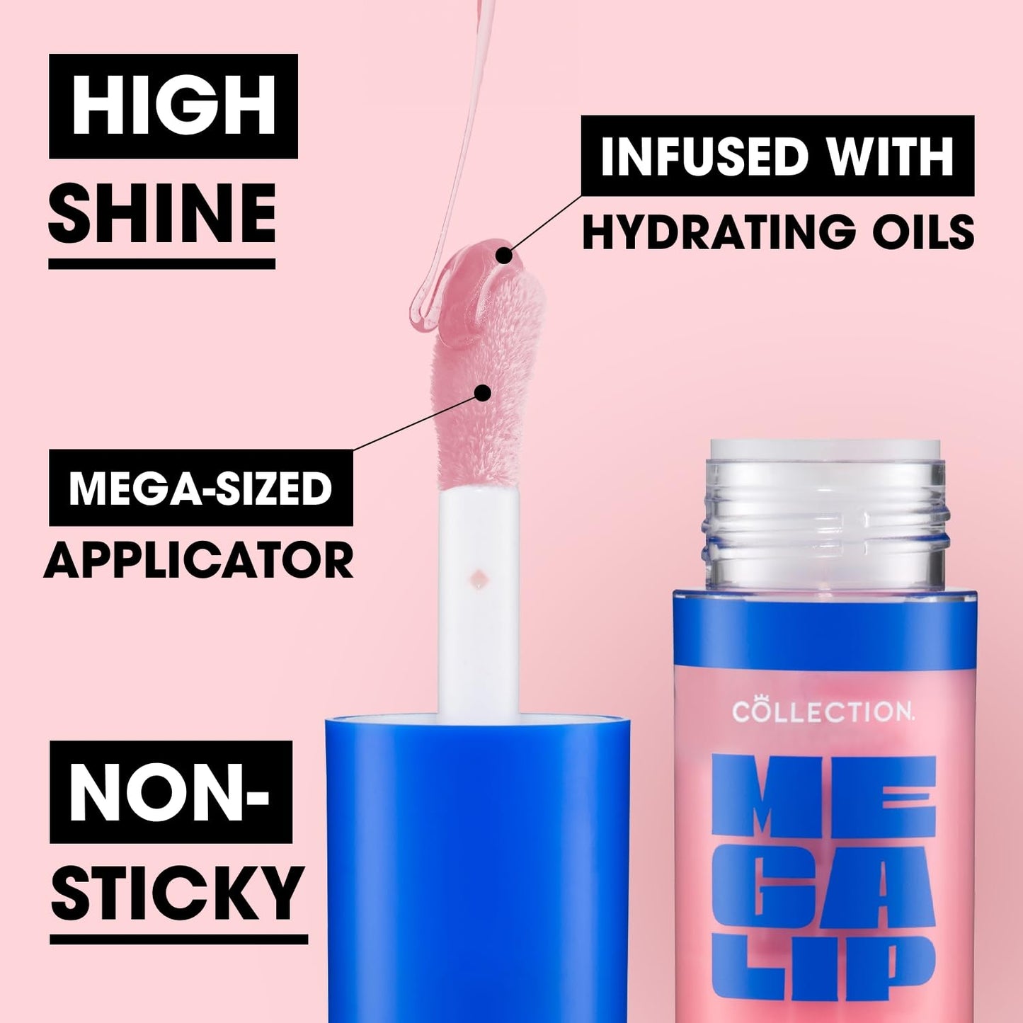 Collection Cosmetics Mega Lip Oil, Moisturising High Shine Lip Oil, Non-Sticky, Fat Applicator, Infused with Squalene and Cloudberry Oils, 5ml, Shade Loyal, Baby Pink