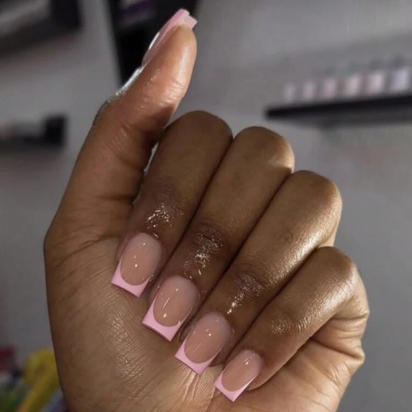 Ironbloomy 24Pcs Square False Nails Short - Pink Edge French Press on Nails - Fake nails with Glue - Stick on Nails French Tip - Full Cover Acrylic False Nails & Accessories Nails Art for Women