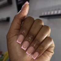 Ironbloomy 24Pcs Square False Nails Short - Pink Edge French Press on Nails - Fake nails with Glue - Stick on Nails French Tip - Full Cover Acrylic False Nails & Accessories Nails Art for Women