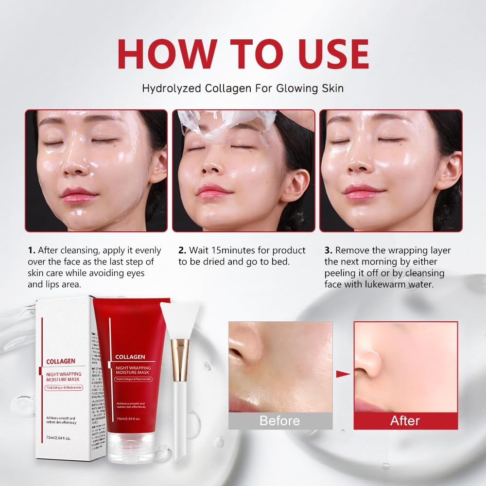 Lumiter Collagen Night Wrapping Mask, Overnight Face Mask Peel Off, Collagen Mask Overnight, Wrapping Night Masks with Triple Collagen&Niacinamide, Reduces Wrinkle, Skin Elasticity, 75ml