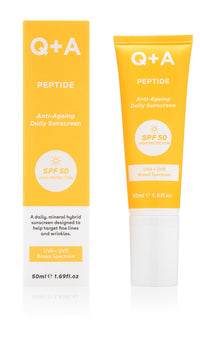 Q+A Peptide Anti-Ageing Daily Sunscreen SPF 50: Lightweight, Non-Sticky, Broad-Spectrum UVA/UVB, Collagen-Boosting, Hydrating, Radiance-Enhancing, 95% Natural, Vegan, Facial SPF, 50ml