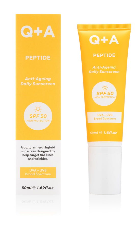 Q+A Peptide Anti-Ageing Daily Sunscreen SPF 50: Lightweight, Non-Sticky, Broad-Spectrum UVA/UVB, Collagen-Boosting, Hydrating, Radiance-Enhancing, 95% Natural, Vegan, Facial SPF, 50ml