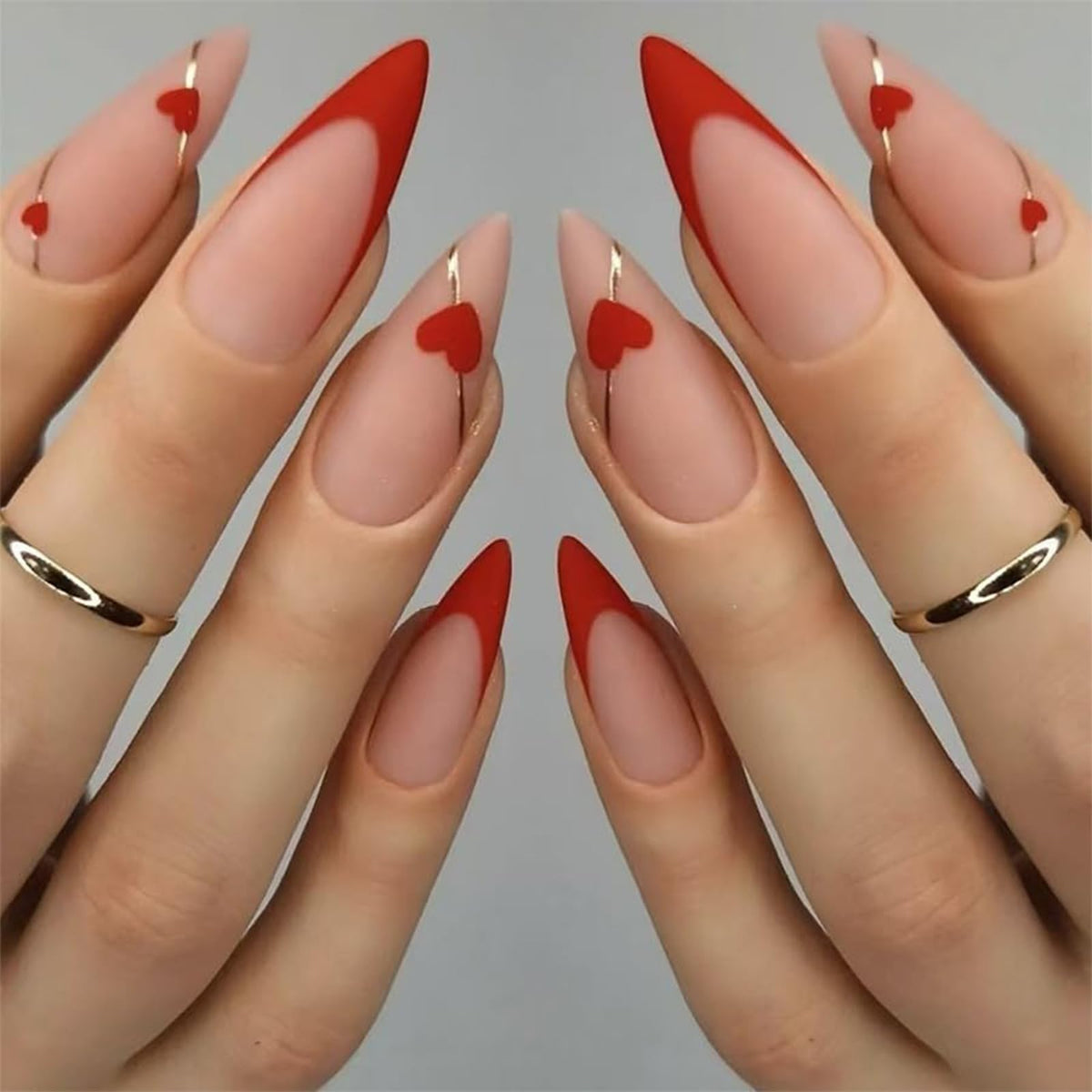 CharmBurst 24-Piece Valentine's Day Press On Nails, Almond Fake Nails, French Love Heart Line Design Artificial Nails For Application, False Nail Tips