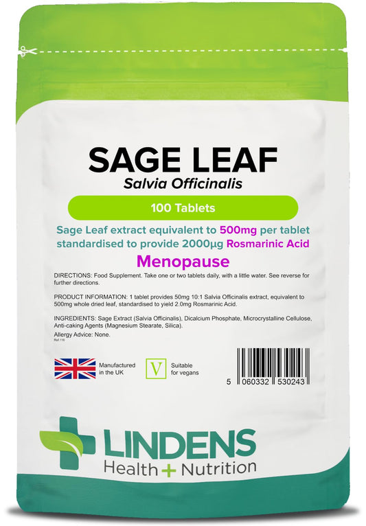 Lindens Sage Leaf Extract 500mg Tablets - 100 Pack - Equivalent to 500mg Dried Leaf Per Tablet - Standardised to Yield 2mg Rosmarinic Acid - UK Manufacturer, Letterbox Friendly