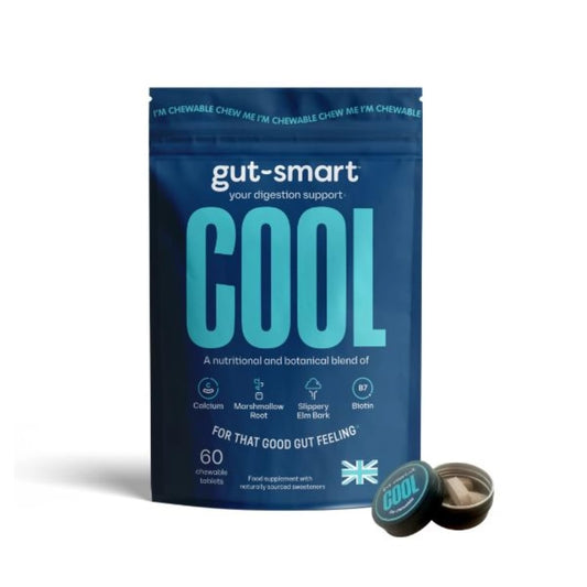Gut - Smart Gut–Smart Cool, 60 x Chewable Tablets, Fast Digestion Support, Natural Supplements for Healthy Digestion, Contains Slippery Elm, Marshmallow Root, Calcium and Biotin, Pocket TIN Included