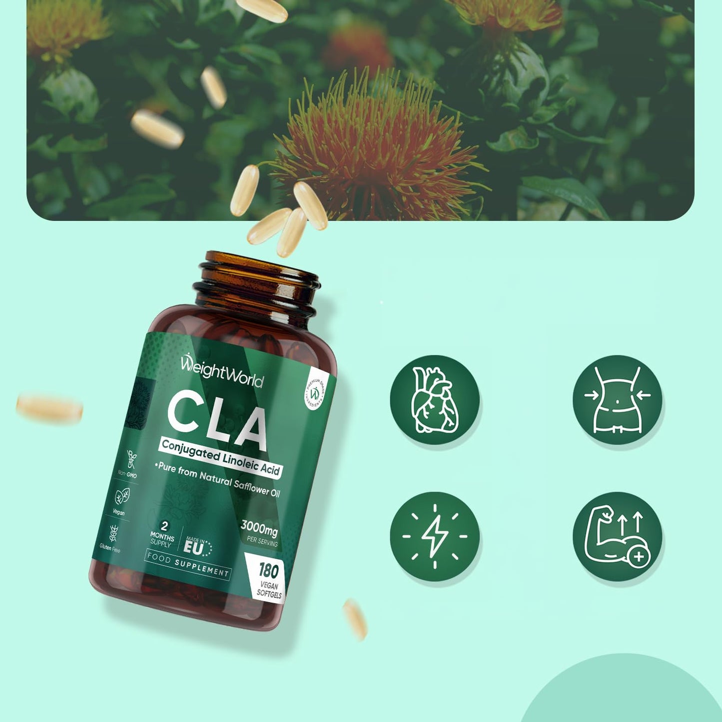WeightWorld CLA Supplement 3000mg - 180 Vegan Softgels - 2 Months Supply - Pure from Natural Safflower Oil - Containing Conjugated Linoleic Acid (80% CLA) - Gluten-Free, Vegan & Non-GMO - Made in EU