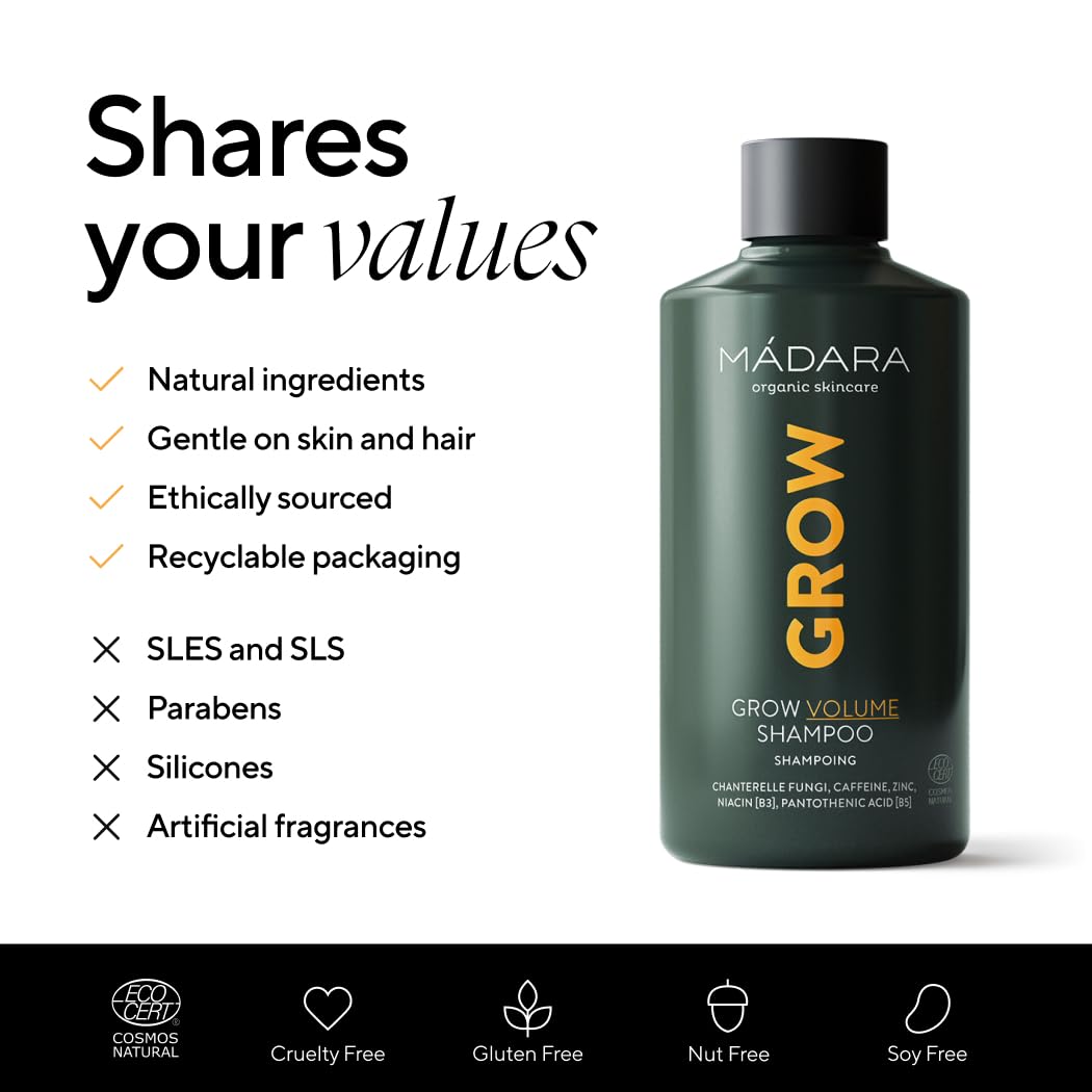MÁDARA Organic Skincare | Grow Volume Shampoo – 250ml, With caffeine, biotin (B7) and niacin (B3), Fungi-based natural hair growth shampoo for fine, thinning hair, COSMOS natural certified