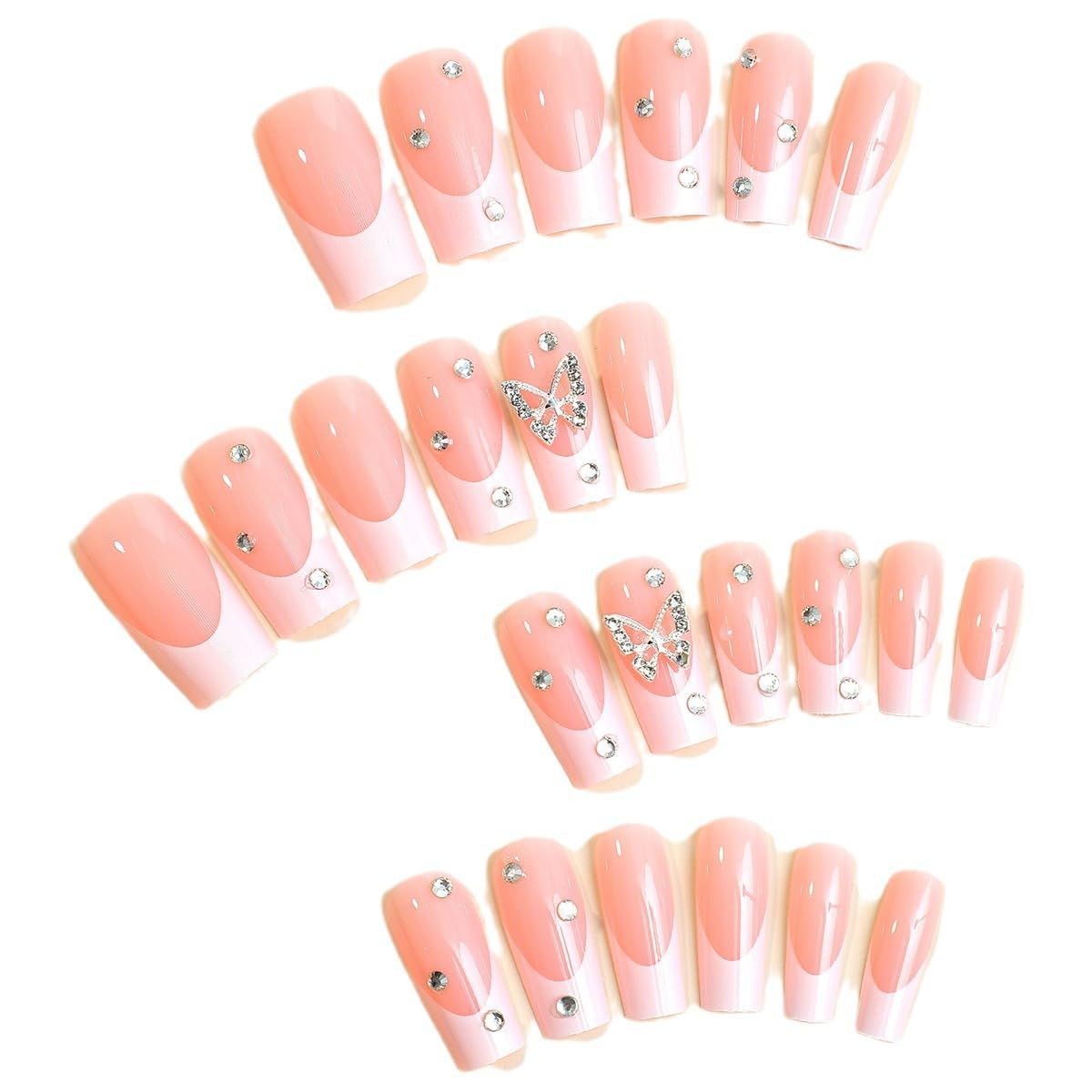 Maggidea French False Nails, Press on Short Square,White Tip Butterfly Stick on Nails, 24pcs False Nails with Glue Elegant Fake Nails for Women Girls Weddings (French Butterfly)