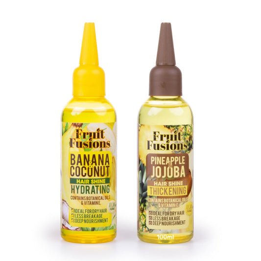 Fruit Fusions Hair Oil Set, Banana Coconut Hydrating and Pineapple Jojoba Thickening, 100ml, for Dry Hair