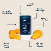 Kinetica Clear Whey Isolate | 500g | 24g Protein per serve | Naturally occuring Amino Acid Profile | 15 servings | Orange Flavour