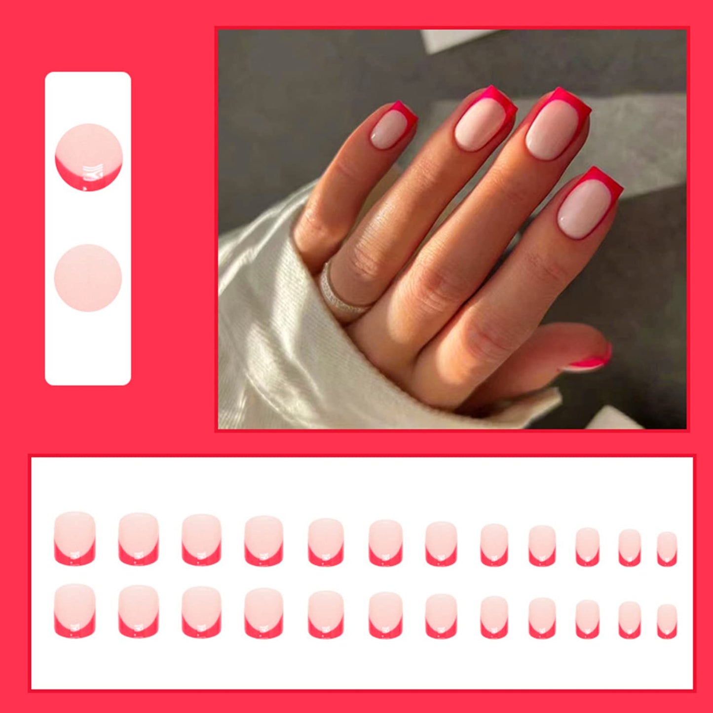 Ceboic Press on Nail Short Square, 24Pcs Nude Red French Tips False Nails, Acrylic Full Cover Nails with Design, Artificial Stick on Nails for Women and Girls Nail Art Manicure Decoration