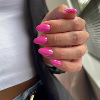 KQueenest Hot Pink Press on Nails Short Oval, Short False Nails Almond, Glossy Solid Vibrant Bright Pink Fake Nails Set, Reusable Natural Gel Stick on Nail for Women Finger Daily Wear 24 Pcs