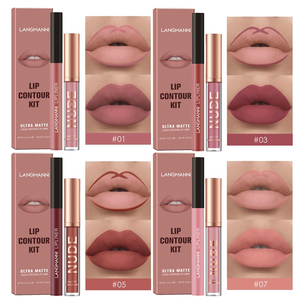 LANGMANNI 4pcs Matte Lipstick with Lipliners Durable Makeup Set,Long-Lasting Non-Stick Cup Not Fade Waterproof Pigmented Velvet Lipgloss Kit Beauty Cosmetics Makeup Gift for Girls(#1357)