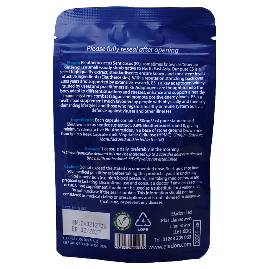 Eladon Elagen Siberian Ginseng Eleutherococcus Capsules – High Strength Standardised Extract 450 mg | 60 Vegetarian Caps | UK Made | Traditional Adaptogen for Energy & Wellbeing