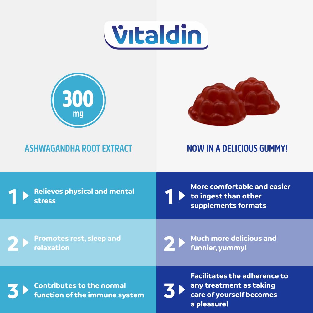 VITALDIN Ashwagandha Gummies – 300 mg Ashwagandha Root Extract KSM-66 & 1.000 IU Vitamin D2 – 60 Chewable Gummies (1 Month Supply) Berries Flavour – Anti-Stress adaptogen; Calm and Relaxation – Vegan