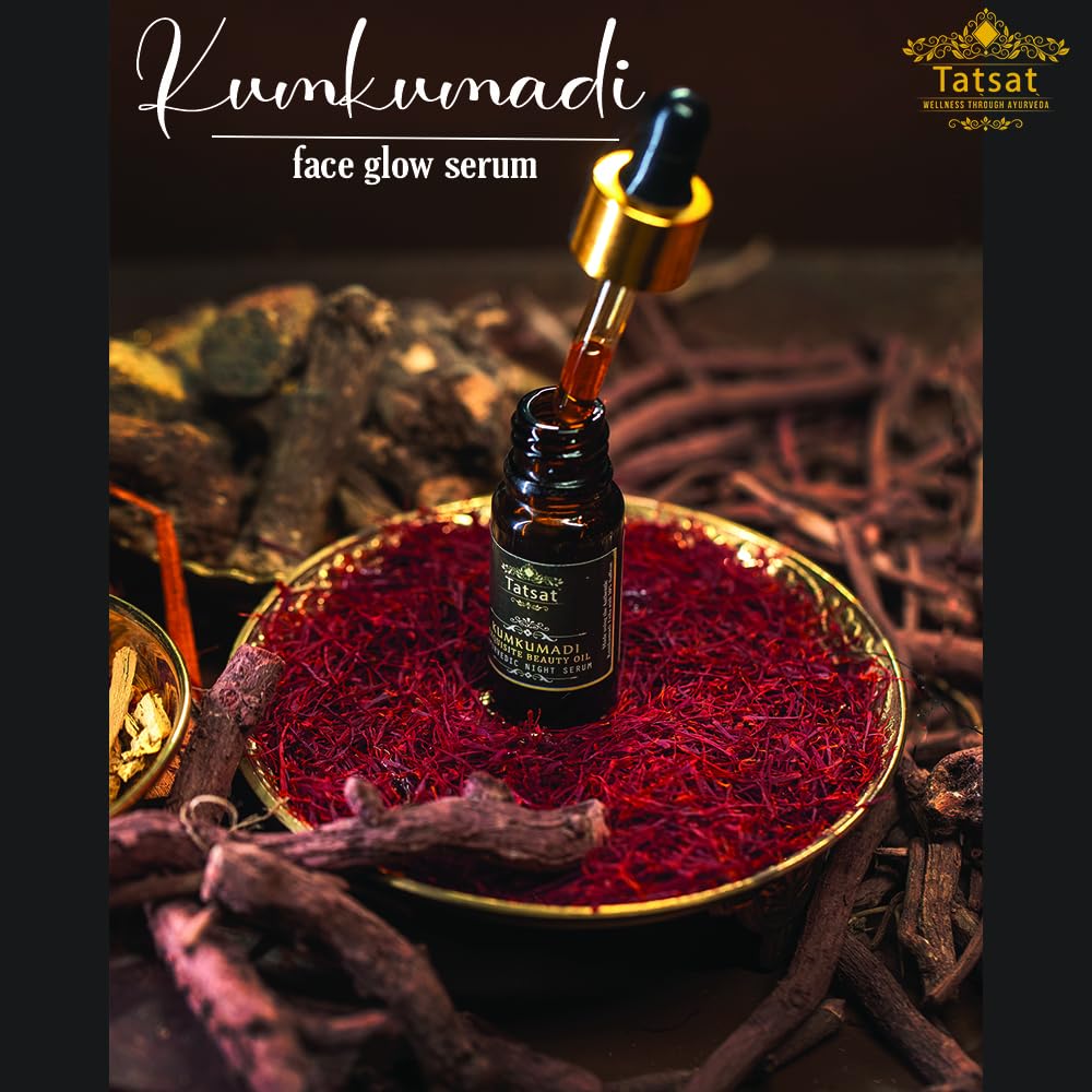 TATSAT - WELLNESS THROUGH AYURVEDA Certified Ayurvedic Kumkumadi Exquisite Face Serum with Authentic kumkumadi oil with 30% Saffron & 23 VARNYAKARA herbs for spotless,wrinkle free glowing skin-10ml