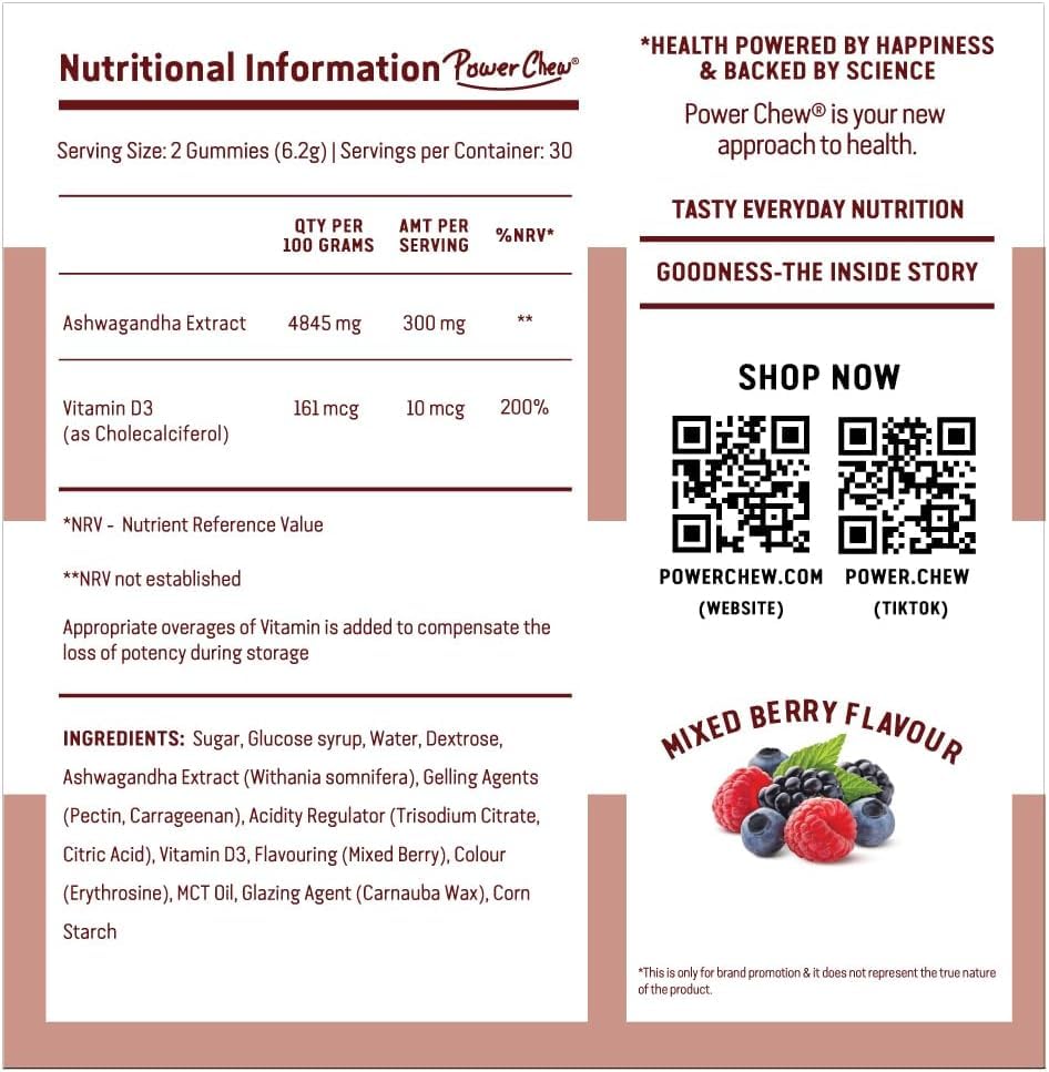 Power Chew Ashwagandha Gummies | High Strength Ashwagandha Extract and Vitamin D | 60 Vegan Gummies Chewable | Vitamin Gummies for Women & Men | Super Tasty Food Supplement for Adults