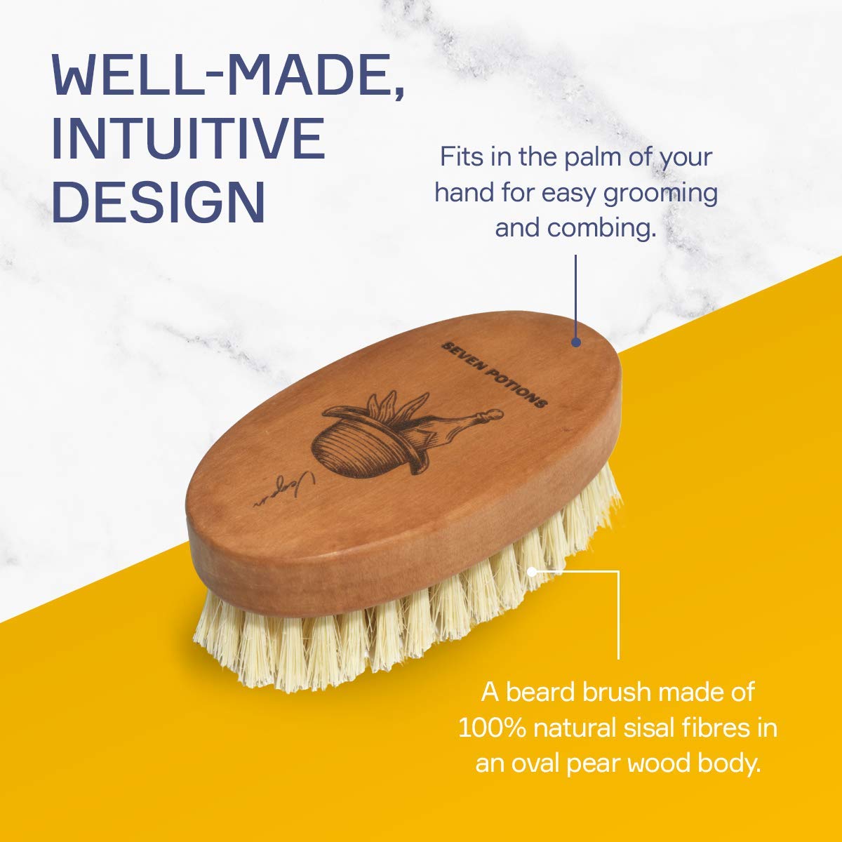 SEVEN POTIONS Seven Potions Vegan Beard Brush for Men — 100% Sisal Plant Fibre & Pear Wood — Firm Bristles to Gently Tame/Soften/Exfoliate – 100% Natural, Non-Synthetic