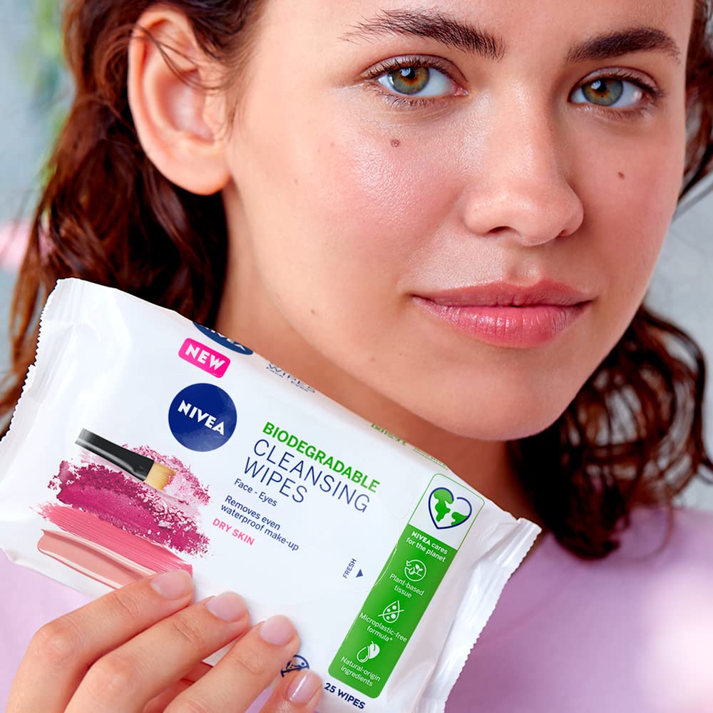 NIVEA 3in1 Caring Cleansing Wipes Dry Skin (25 sheets), Plant-Based Biodegradable Wipes, Face Wipes for Dry Skin, Gentle yet Effective Make-Up Removal