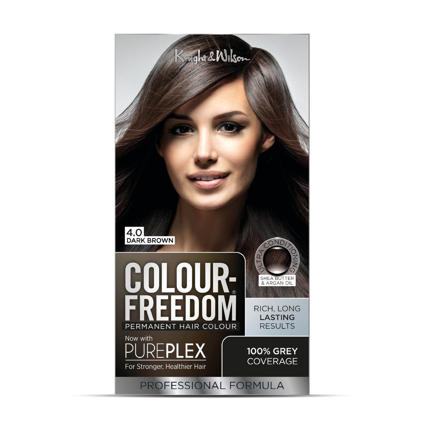 Colour Freedom Dark Brown Permanent Hair Colour. Formulated with PurePlex to Protect, Restore and Nourish. 100% Grey Coverage. 4.0 Rich Dark Brown by Knight & Wilson