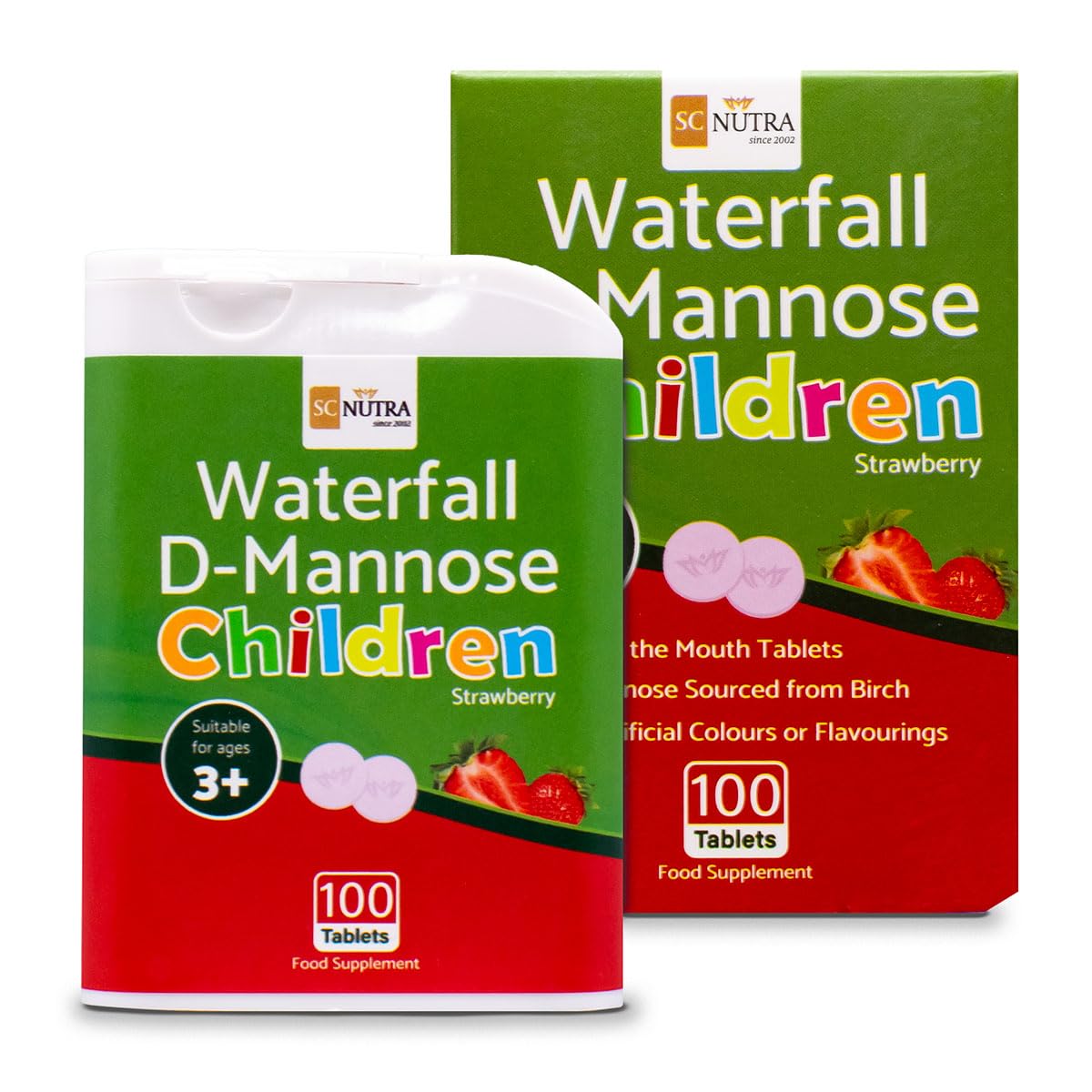 sc nutra Waterfall D-Mannose for Children Birch D-Mannose & Natural Strawberry Juice for Boys & Girls 3 Years + | 250mg Melts - Melt in the Mouth Tablets – 100 Count
