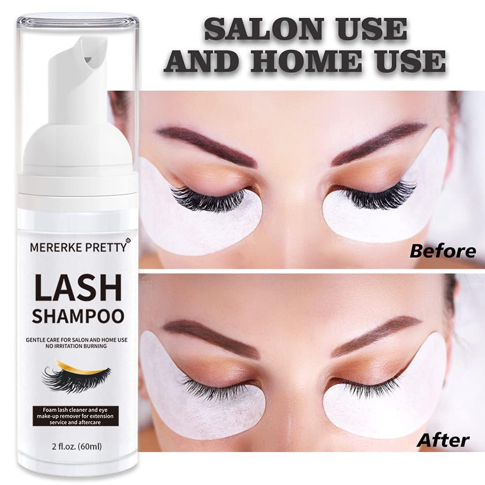 Mererke_Pretty Eyelash Extension Shampoo 60 ml + Brush - Eyelid Foaming Cleanser - Sensitive Paraben & Sulfate Free - Eyelash Wash and Lash Bath for Extensions - Salon Use and Home Care