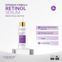 NORDBURY Retinol Serum, 2.5% Retinol with Vitamin E Ceramide Hyaluronic Acid & Organic Aloe Vera, Smooth Fine Lines Reduce Wrinkles and Improve Texture Skin Renewal Actively Night & Day - 60ml