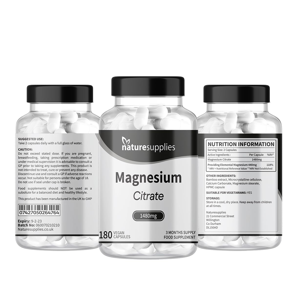 Magnesium Citrate Capsules 1480mg, 180 Per Bottle 3 Months Supply UK-Made, High Absorption Magnesium Supplements, Contributes to The Normal Function of Bones, Teeth, Energy - Naturesupplies…