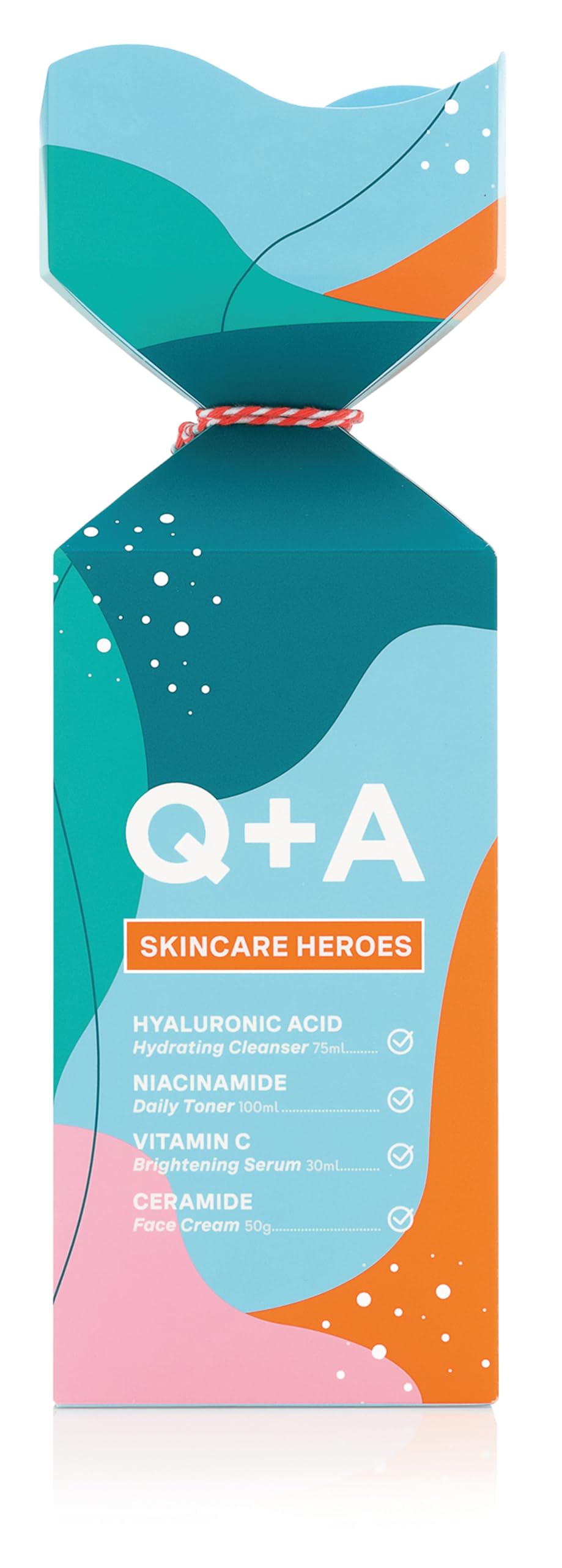 Q+A Skincare Heroes Gift Set Bundle, Giftset contains Hyaluronic Acid Hydrating Cleanser 75ml, Vitamin C Brightening Serum 30ml, Ceramide Face Cream 50g, and Niacinamide Daily Toner 100ml