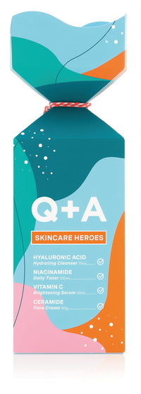 Q+A Skincare Heroes Gift Set Bundle, Giftset contains Hyaluronic Acid Hydrating Cleanser 75ml, Vitamin C Brightening Serum 30ml, Ceramide Face Cream 50g, and Niacinamide Daily Toner 100ml