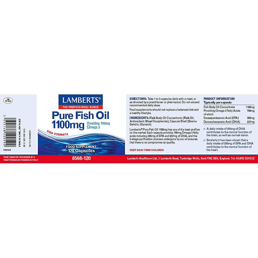 Lamberts Pure Fish Oil 1100mg – High Strength Omega 3 Supplement – 355mg EPA & 237mg DHA – 120 Capsules
