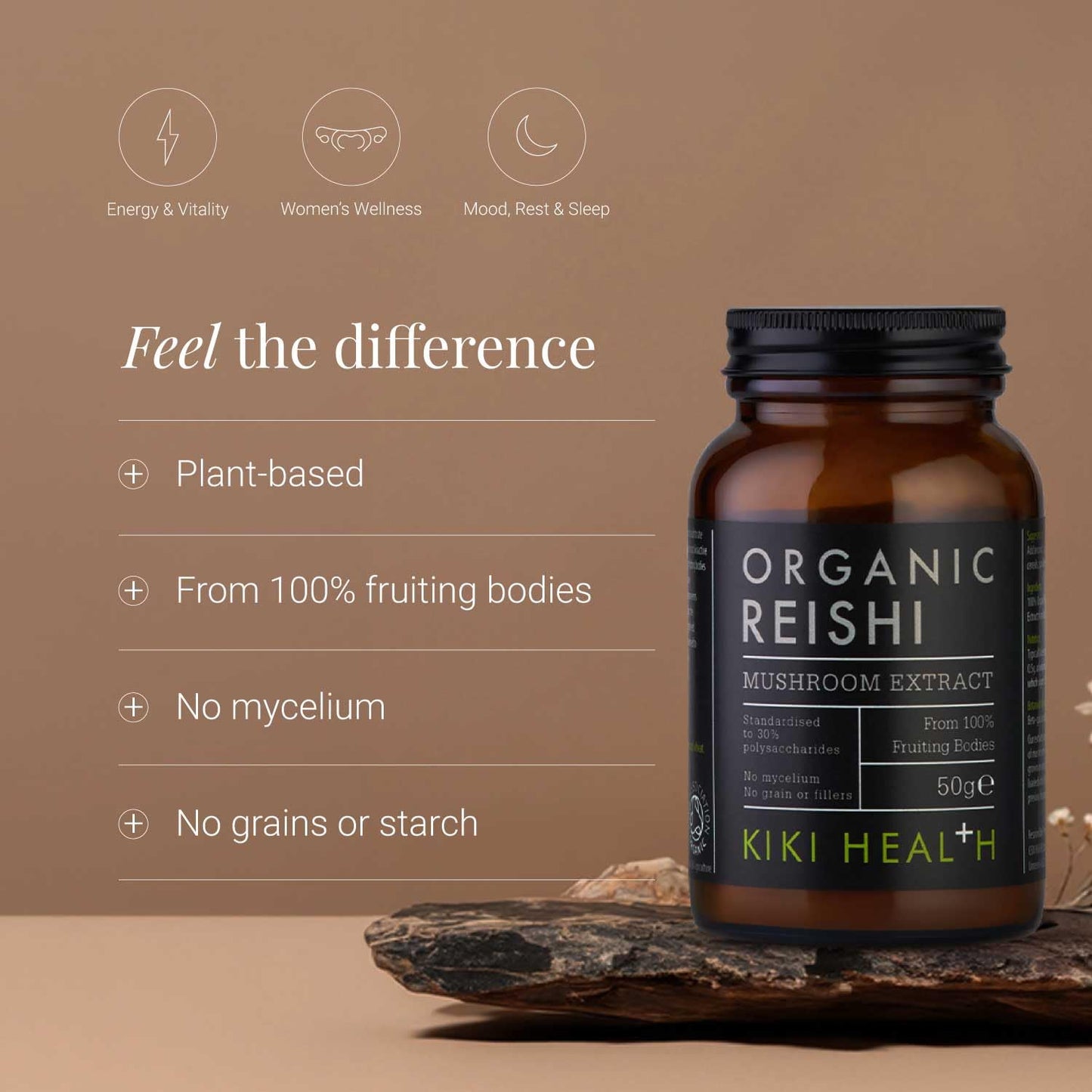 KIKI HEALTH KIKI Health - Organic Reishi, Mushroom Extract Powder - Standardised to 30% Polysaccharides - Made from 100% Fruiting Bodies - Natural, Nutrient-Dense Extract - 50g