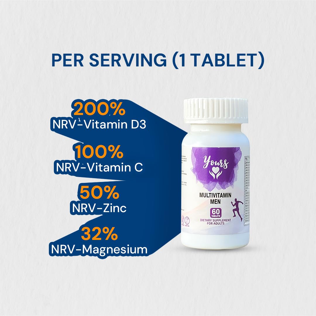 YOURS Yours Multivitamin Men Formulated Specifically for Men, Vitamin D3, Vitamin A, C, Iron and Biotin Support Metabolism, Healthy Skin, Improve Bone Health, for Healthy Hair, 60 Tablets, 02 Month Supply.